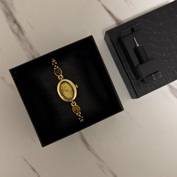 American Vintage Accessories - SKU:0007 Gold Vintage inspired watch bracelet with brown natural stones+gift bag